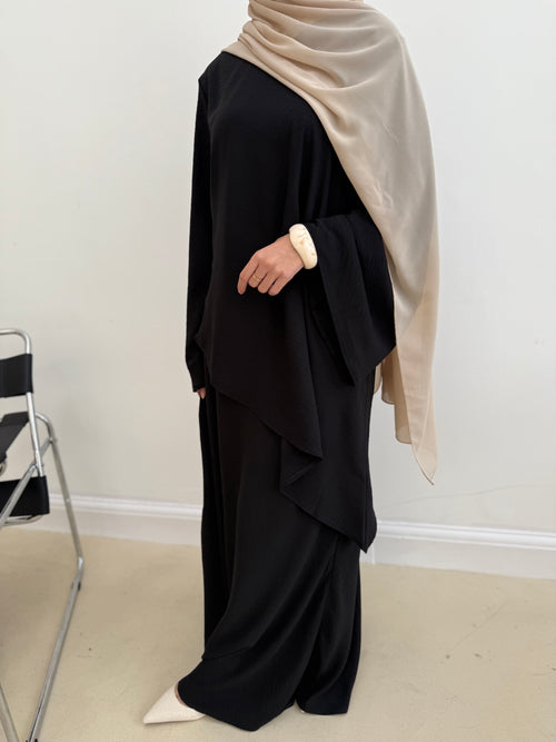 Asymmetrical linen-look skirt set: Black