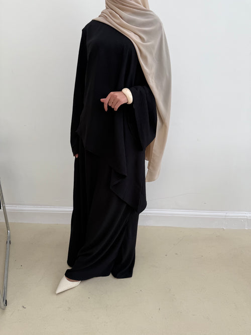 Asymmetrical linen-look skirt set: Black