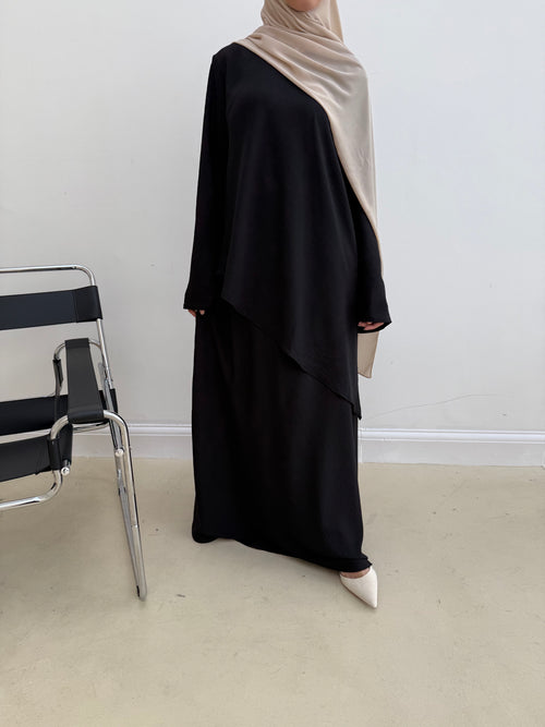 Asymmetrical linen-look skirt set: Black