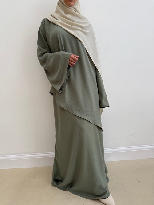 Asymmetrical linen-look skirt set: Pistachio