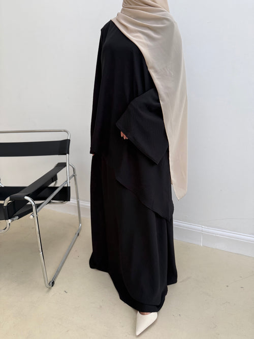 Asymmetrical linen-look skirt set: Black