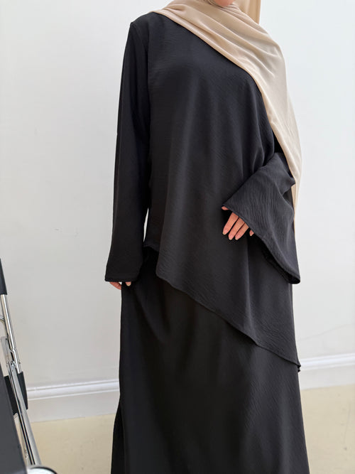 Asymmetrical linen-look skirt set: Black