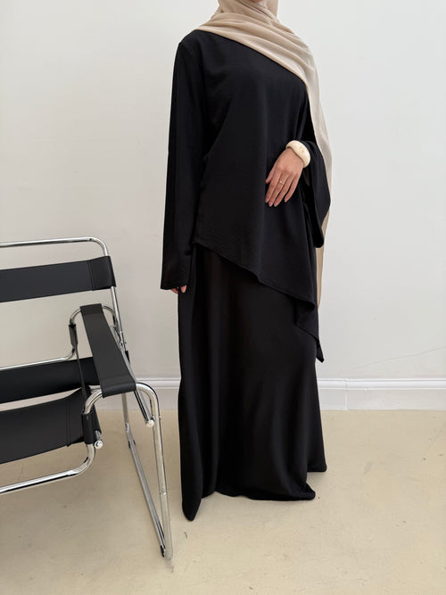 Asymmetrical linen-look skirt set: Black