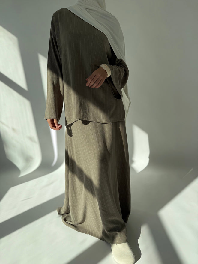 Khaki linen stripe co-ord skirt set