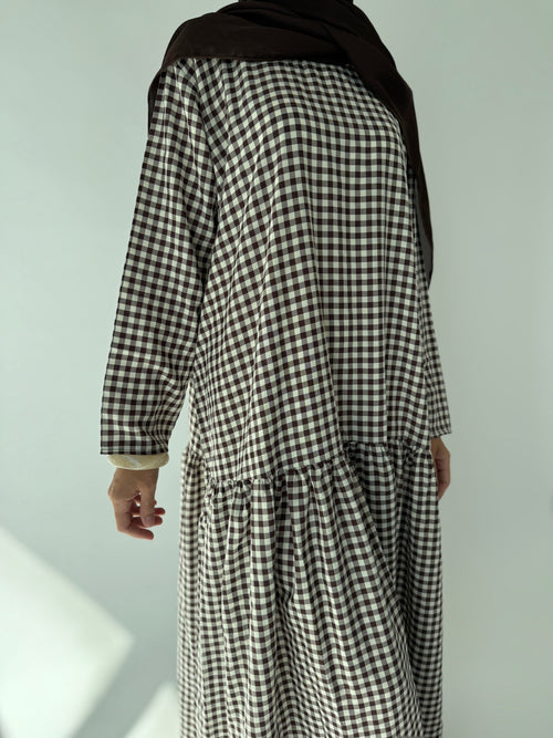 Brown checkered ruched dress