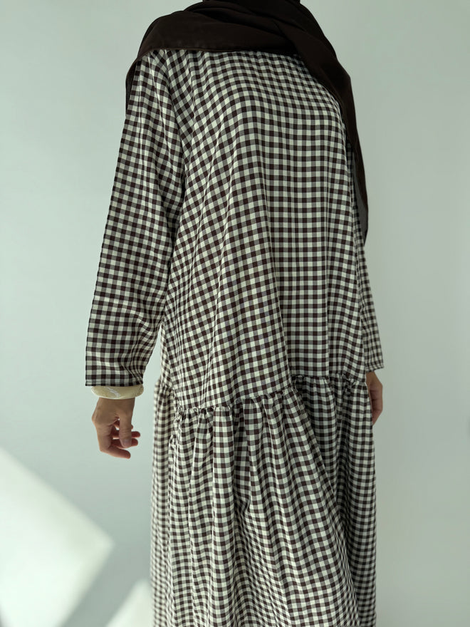 Brown checkered ruched dress