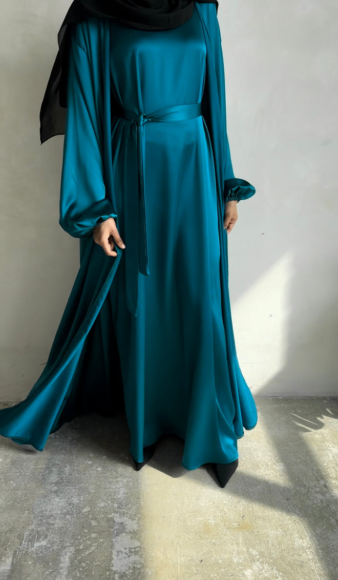 Teal Satin balloon-sleeve Set