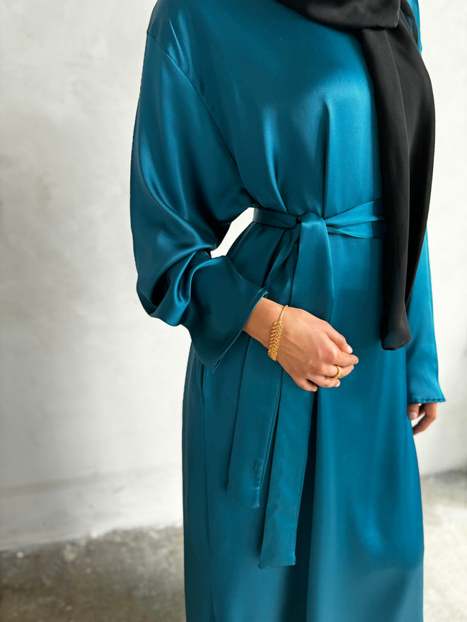 Teal satin slip-dress