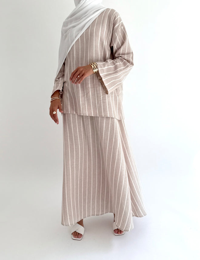 Beige linen stripe co-ord skirt set