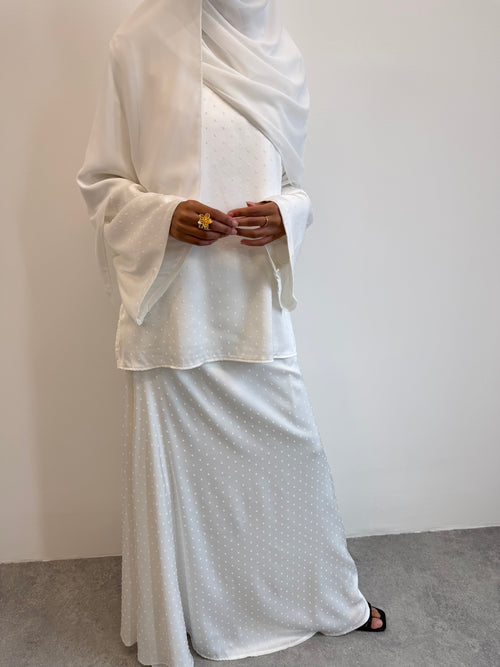 White satin polka-dot skirt set