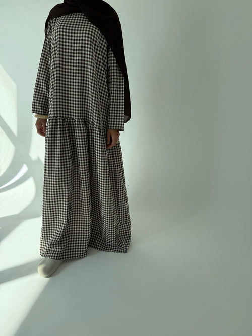 Brown checkered ruched dress