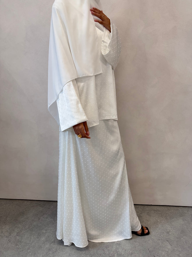 White satin polka-dot skirt set