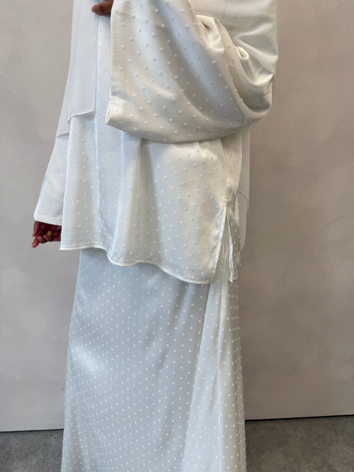 White satin polka-dot skirt set