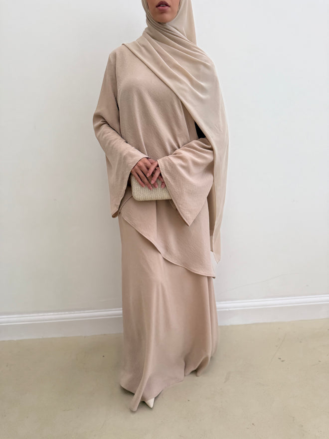 Asymmetrical linen-look skirt set: Nude