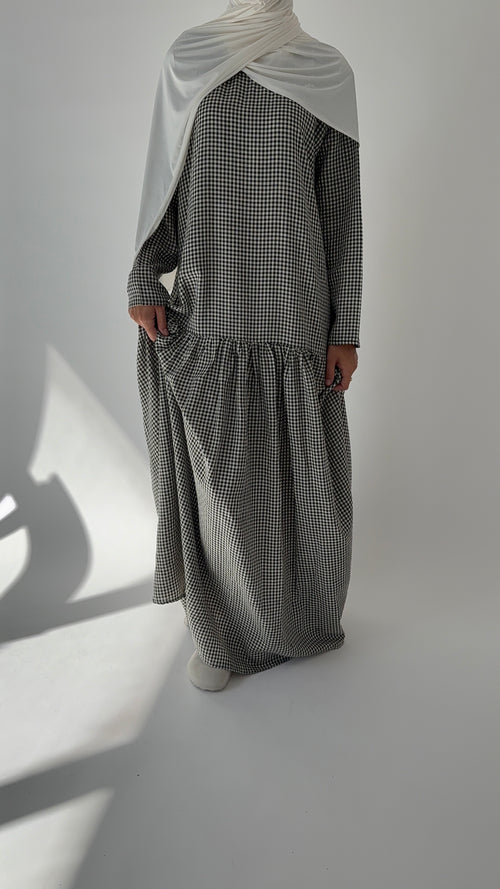 Black checkered ruched dress