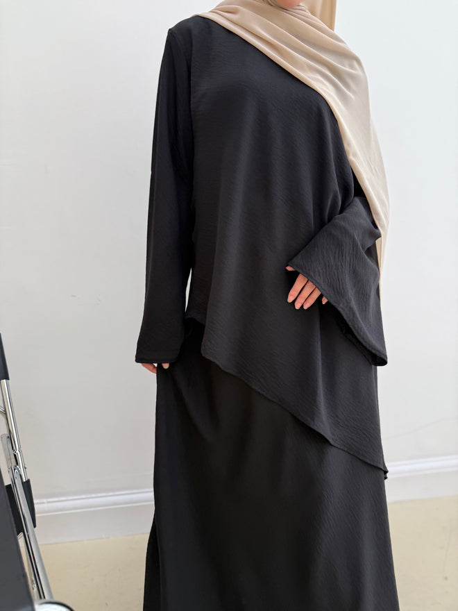Asymmetrical linen-look skirt set: Black