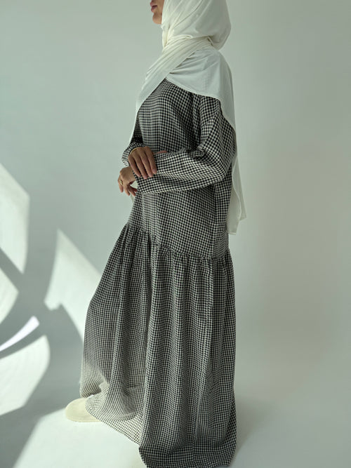 Black checkered ruched dress