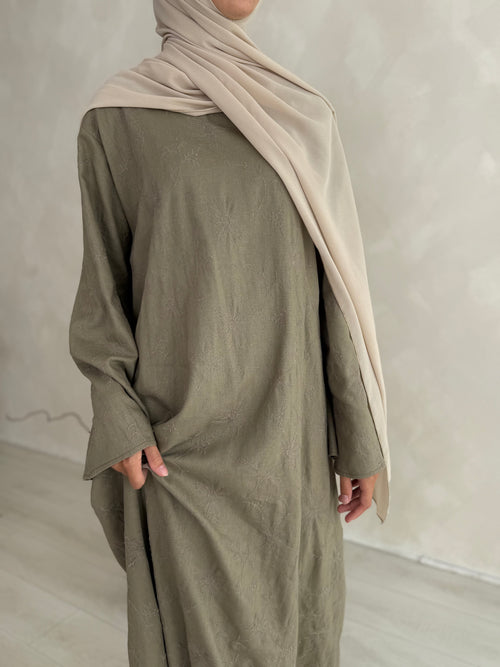 Embroidered khaki Linen abayah