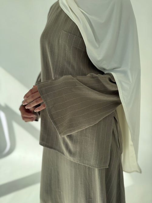 Khaki linen stripe co-ord skirt set