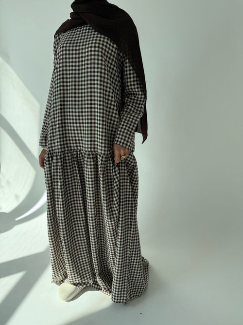 Brown checkered ruched dress