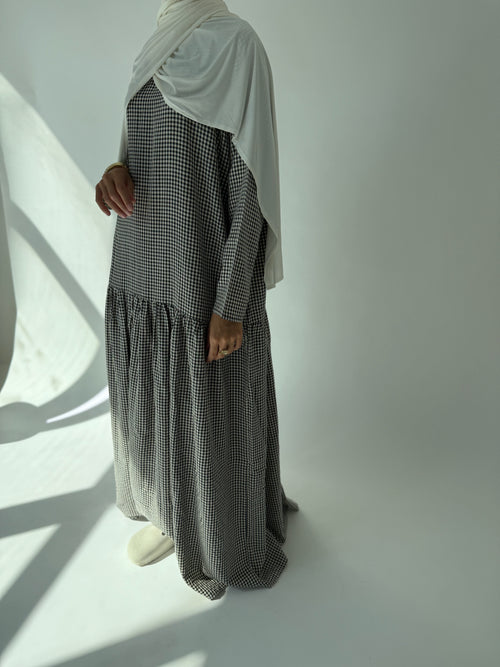 Black checkered ruched dress