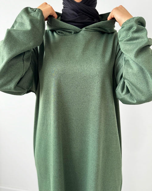 Fleece hooded abayah: Khaki