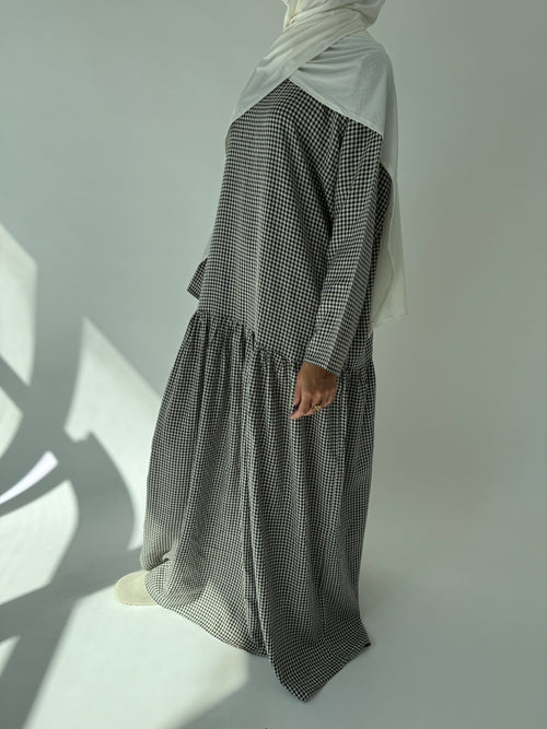 Black checkered ruched dress