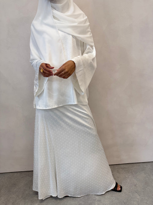 White satin polka-dot skirt set