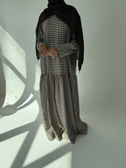Brown checkered ruched dress